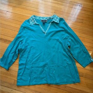 Karen Scott Blue Top with patterned Collar and sleeve detail 3X